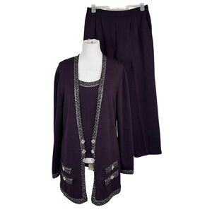 ST. JOHN Rhinestone Aubergine Santana Knit 3pc Pant Suit Jacket Tank Set Size 12
